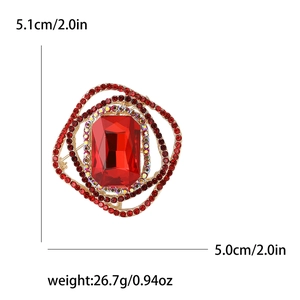 Detail shot of vintage square red crystal brooch with golden frame and sizing dimensions