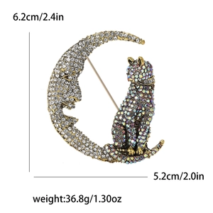 Detailed technical drawing of moon and cat rhinestone brooch with size and weight specs