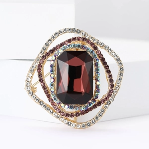 Vintage gold square brooch with dark red gemstone and sparkling rhinestones for coats
