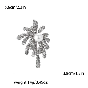 Detail showing dimensions and 14g weight of silver pearl fireworks brooch with rhinestones