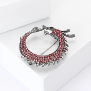 Chinese dragon brooch in gun-black alloy with sparkling pink rhinestones for men