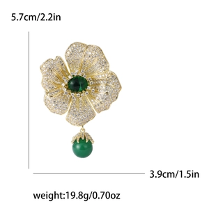 Elegant begonia flower brooch with gold plating, white zircons, and green gems 5.7cm size
