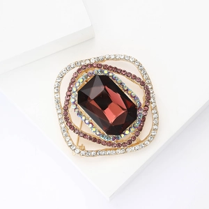 Elegant vintage gold alloy brooch with red square crystal and multicolored rhinestones