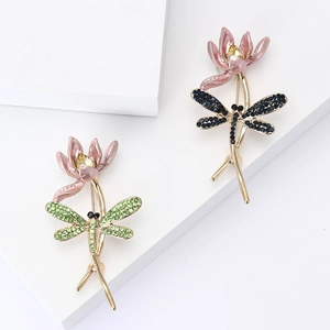 Elegant Alloy Dragonfly Lotus Flower Brooch Inlaid Rhinestone Enamel Pin For Women Fashion Scarf Dress Jewelry Accessory