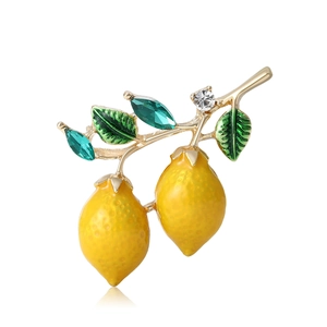 Alloy Enamel Double Lemon Brooch Rhinestone Fruit Branch Pin For Women Fresh Summer Style Blouse Accessories Jewelry