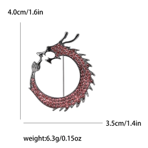Chinese dragon brooch with pink rhinestones and vintage alloy finish, 4.0cm height
