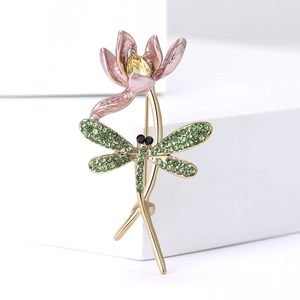 Elegant lotus and dragonfly brooch with pink enamel petals and green crystals on gold