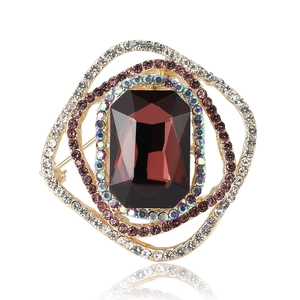 Elegant vintage alloy square brooch with deep purple crystal and rhinestones on white base