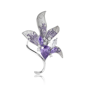 Spilla fiore di giglio elegante con zircone viola a goccia e placcatura argento