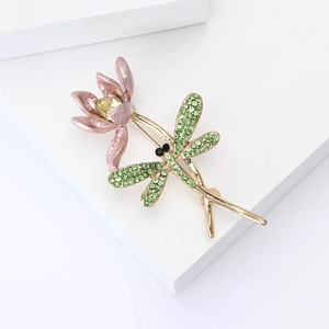 Elegant gold dragonfly and pink lotus brooch with green rhinestones and yellow gem