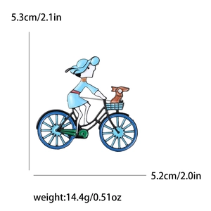 Spilla ragazza in bicicletta in acrilico con cane e vestito blu, spillo per gioielli da 5,3 cm
