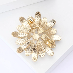 Detailansicht der Rückseite der goldenen Sonnenblumen-Brosche mit Nadelverschluss