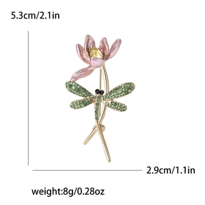 Elegant dragonfly and lotus brooch with pink petals and green rhinestones in 5.3x2.9cm
