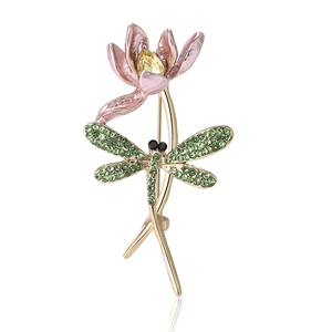 Elegant gold alloy dragonfly and lotus brooch with pink enamel and green crystals
