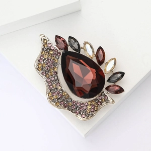 Exquisite vintage alloy brooch with deep red teardrop gem and colorful rhinestones