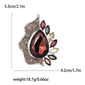 Elegant vintage alloy brooch with red rhinestone water-drop gem and feather crystal accents