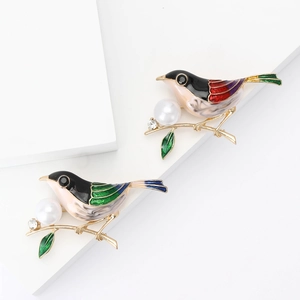 Broche Oiseau en Émail Exquise Avec Imitation de Künstliche Perle Strass Alliage Branche Dorée Moineau Broche Animale Bijoux Femme