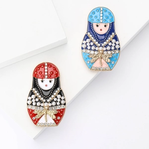 Vintage Enamel Matryoshka Doll Brooch Alloy Russian Doll Pin With Rhinestones And Faux Artificial Pearls For Women Suit Coat Jewelry