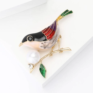 Broche oiseau moineau en émail avec perle et strass sur branche dorée pour femmes
