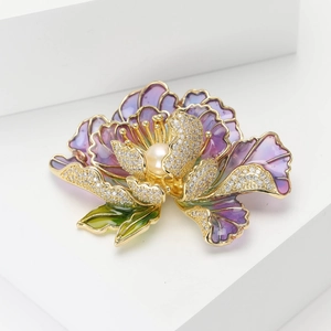 Elegant gold peony flower brooch with purple enamel petals, white pearl and cubic zirconia
