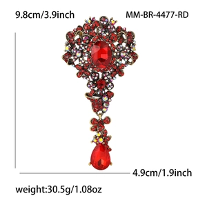 Spilla vintage dorata con strass rossi e ciondolo di cristallo, 9.8cm x 4.9cm