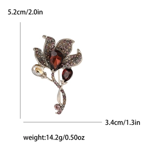 Elegant crystal calla lily flower brooch with red rhinestones and size dimensions