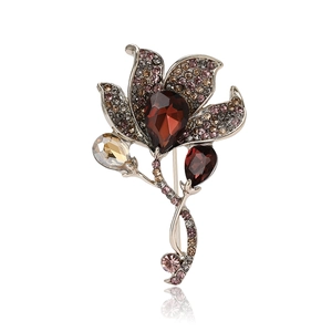 Elegant calla lily flower brooch with rhinestones and burgundy crystals on silver alloy