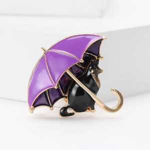Cute enamel black cat under purple umbrella brooch pin made of gold-plated alloy