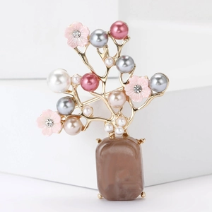 Broche Arbre Bonsaï en Alliage Vintage Fleur Avec Künstliche Perle d'Imitation Strass Émail Épingle pour Femme Bijoux Élégants