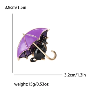 Fashion alloy enamel cat under purple umbrella brooch with product size measurements