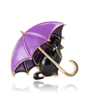Cute enamel brooch featuring a black cat under a purple umbrella with gold alloy finish