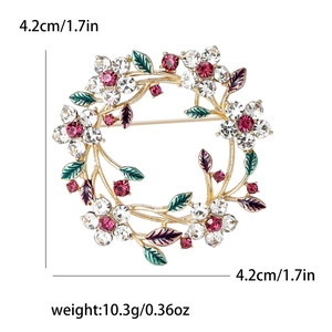 Elegant floral wreath brooch with pink rhinestones and colorful enamel petals for women