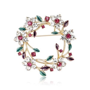 Elegant floral wreath brooch with sparkling red crystals and gold alloy finish for women