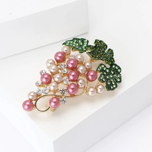 Elegant gold grape brooch with pink pearls, green enamel leaves and sparkling rhinestones