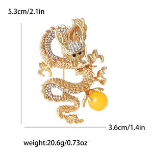 Exquisite gold dragon brooch with sparkling rhinestones and yellow bead for men