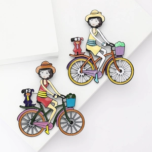 Cartoon Mädchen Reitet Fahrrad Mit Hund Acryl Emaille Brosche Süße Frische Stil Individuelle Kleidung Schmuck Pin Geschenk Für Damen