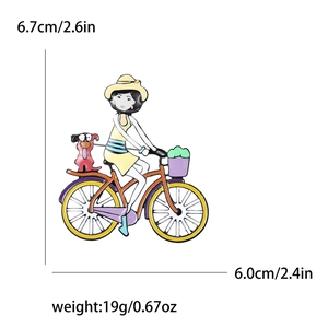 Detaillierte Größentabelle für Acryl-Brosche Mädchen auf Fahrrad zeigt Höhe 6,7 cm und Breite 6,0 cm