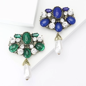 Vintage Baroque Alloy Rhinestone Emerald Green Royal Blue Faux Artificial Pearl Brooch Pin For Women Palace Style Jewelry Accessory