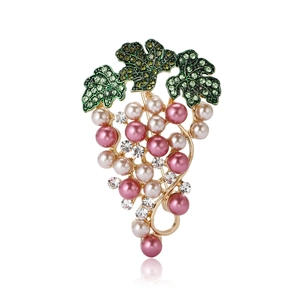 Elegant gold grape brooch with green crystal leaves and pink pearls for suits