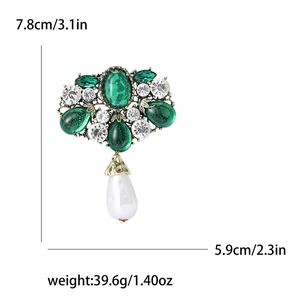 Baroque emerald green gemstone brooch with crystals and pearl drop pendant, 7.8cm height