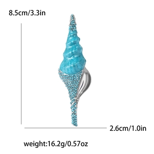 Broche élégante en forme de conque bleue avec émail et strass, taille 8,5 cm x 2,6 cm
