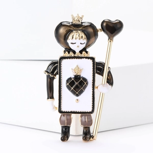Detailed view of soldier playing card brooch with gold plating and enamel finish