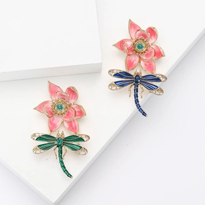 Chinese Style Alloy Enamel Lotus Dragonfly Brooch For Women Elegant Rhinestone Floral Clothing Pins Jewelry Gift