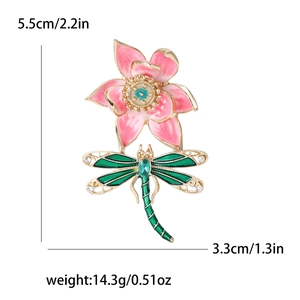 Detailed dimensions of lotus dragonfly brooch with pink enamel and sparkling rhinestones