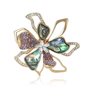 Vintage Alloy Rhinestone Flower Brooch For Women High Grade Delicate Shell Inlaid Suit Shirt Pin Fashion Jewelry Accessory