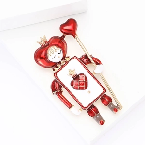Creative enamel red heart soldier brooch with gold-plated finish on minimalist background