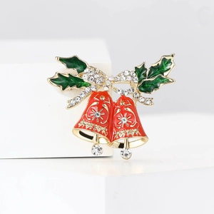 Exquisite Alloy Enamel Christmas Bell Brooch With Rhinestone Bow Red Green Festive Pin For Suit Coat Women Men Jewelry