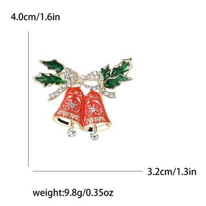 Exquisite enamel Christmas bell brooch with red bells and green leaves on white background