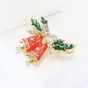 Exquisite Christmas bell brooch with red enamel, green leaves and sparkling crystals
