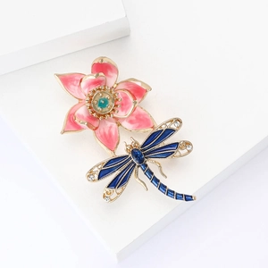 Elegant enamel pink lotus and blue dragonfly brooch pin with gold alloy and crystals